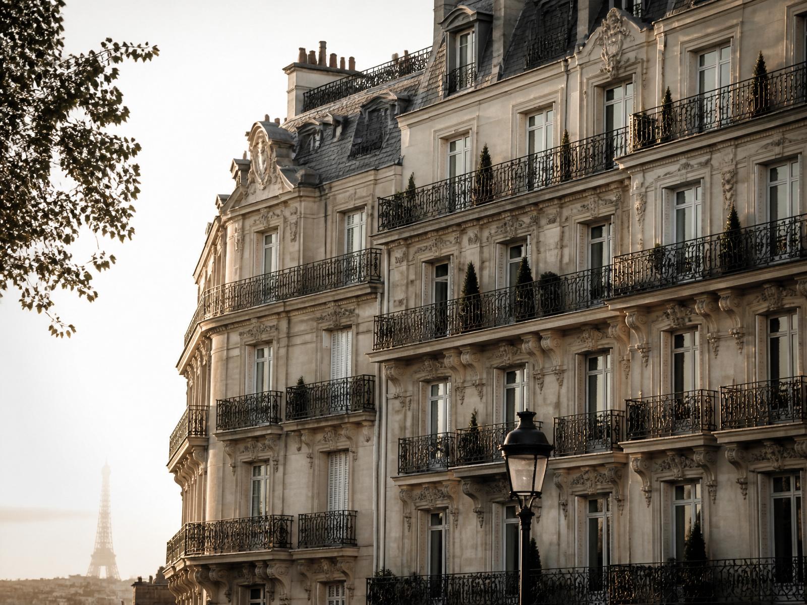 Immeuble haussmannien parisien au coucher du soleil